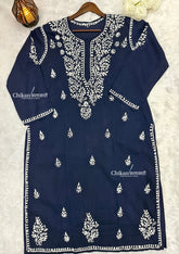 Adira Blue Cotton Chikankari Kurti - Plus Size